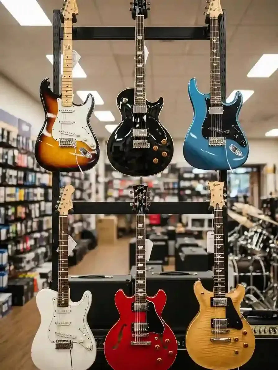 Six electric guitars displayed in a music store