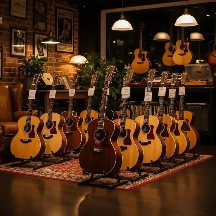 Selection of acoustic guitars in a cozy music shop, showcasing various shapes and finishes