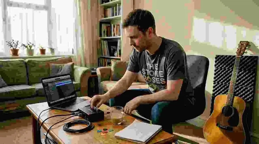Man setting up home guitar recording gear