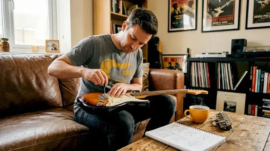 Person adjusting guitar intonation on couch with tuner