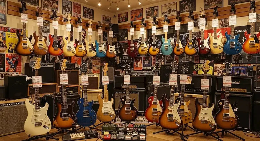 Diverse selection of used electric guitars in a music shop, showcasing various brands and styles