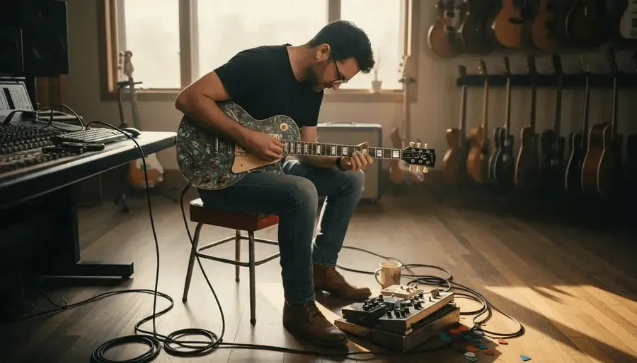 Guitarist tuning high-end guitar in studio