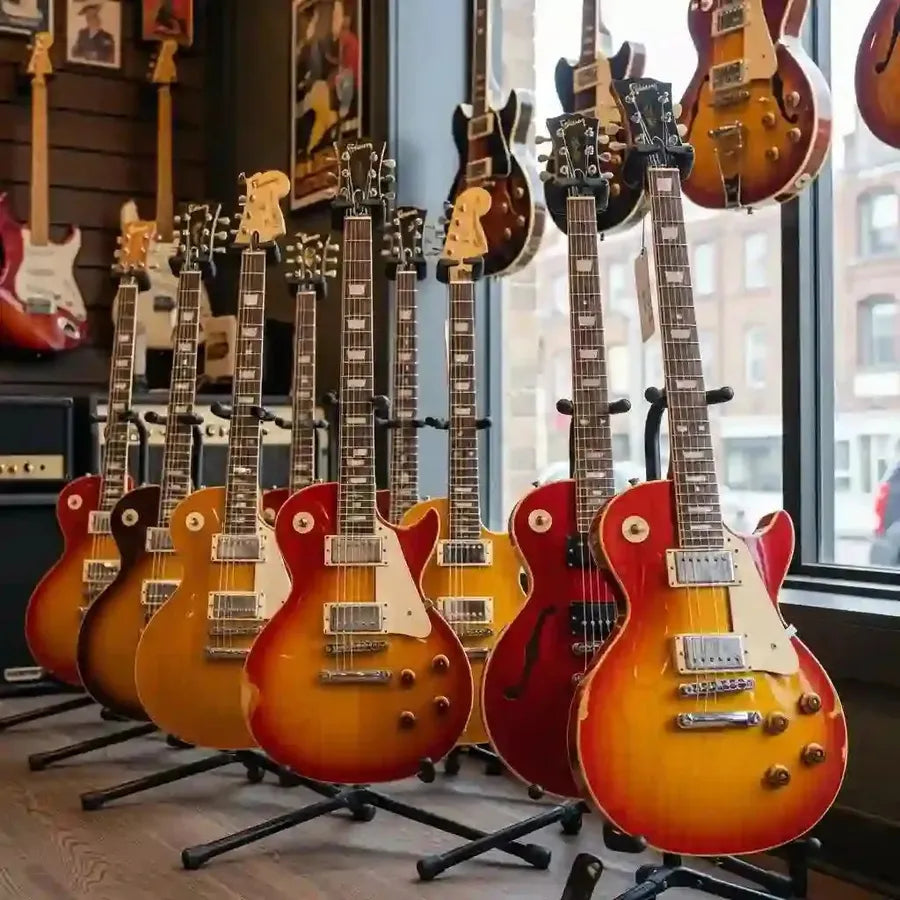 Variety of used electric guitars in a music shop, showcasing different models and colors