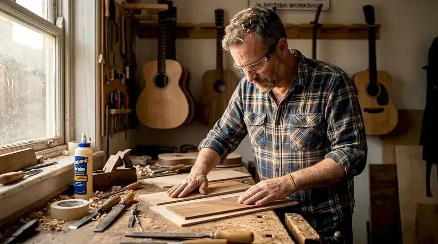Luthier inspecting guitar tonewood pieces