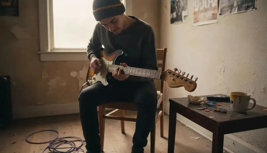 Guitarist examining guitar neck shape