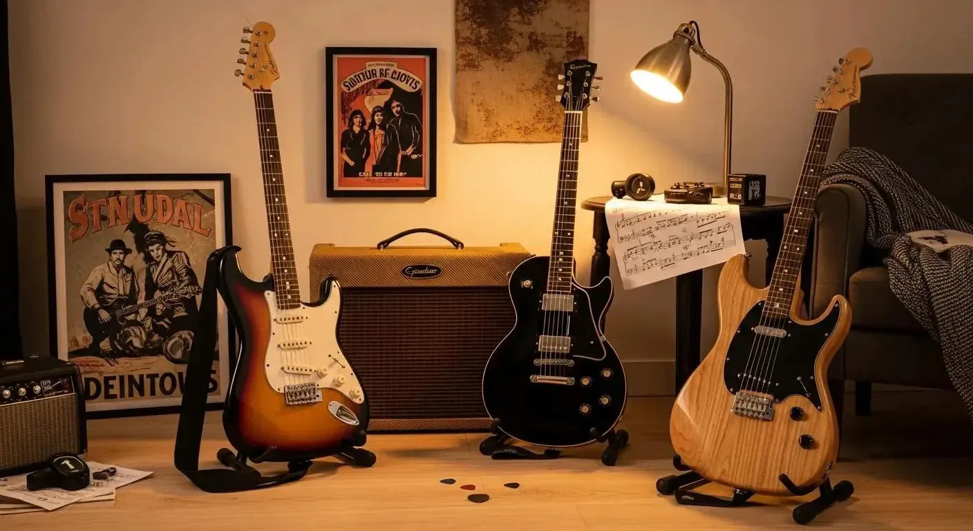 Selection of beginner electric guitars including Fender Squier Stratocaster, Epiphone Les Paul Special II, and Yamaha Pacifica 112V in a cozy music room