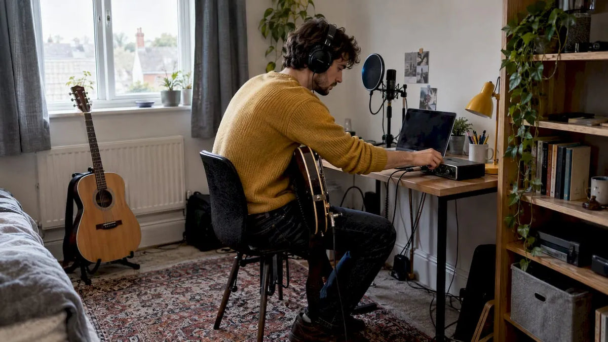 Compact home recording studio in spare room