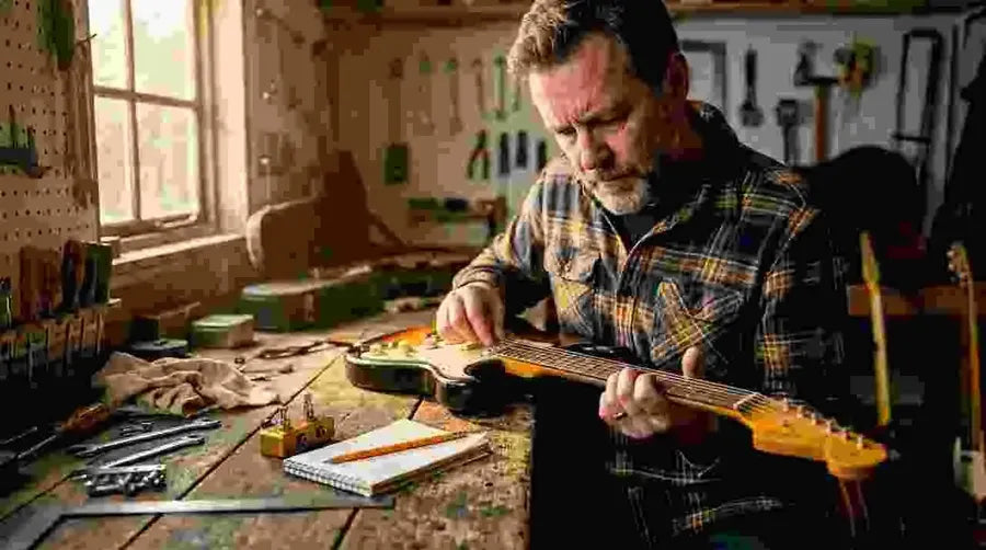 Man checking guitar neck for fret buzz