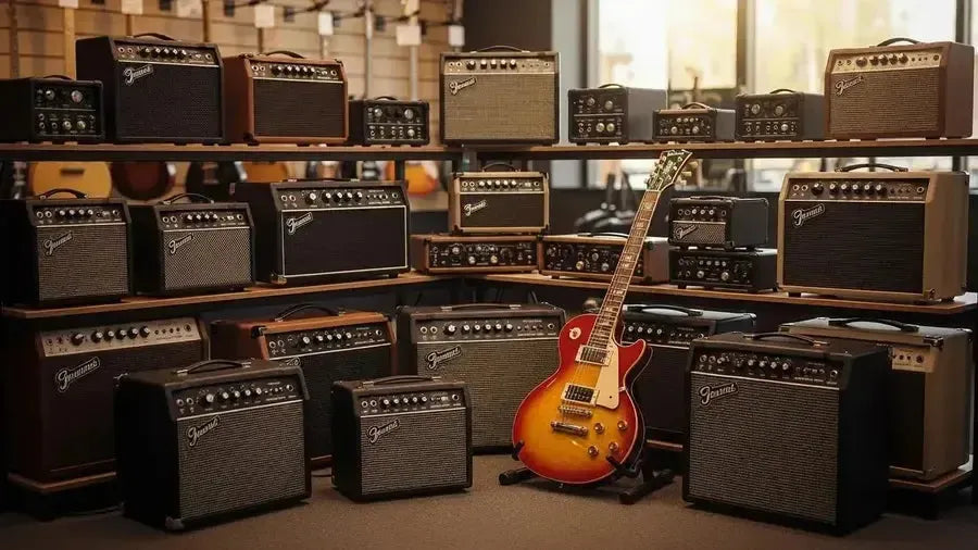 A selection of beginner guitar amplifiers displayed in a music store, emphasizing affordability and reliability