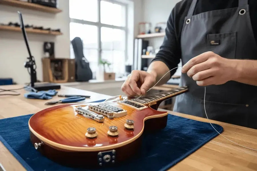 A person demonstrating how to restring electric guitar in a workshop with a les paul guitar.