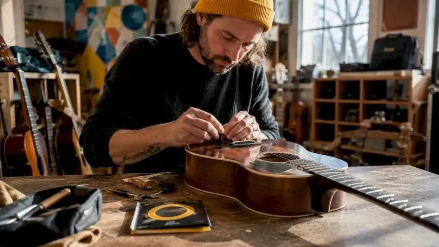 Hands restringing acoustic guitar with phosphor bronze strings