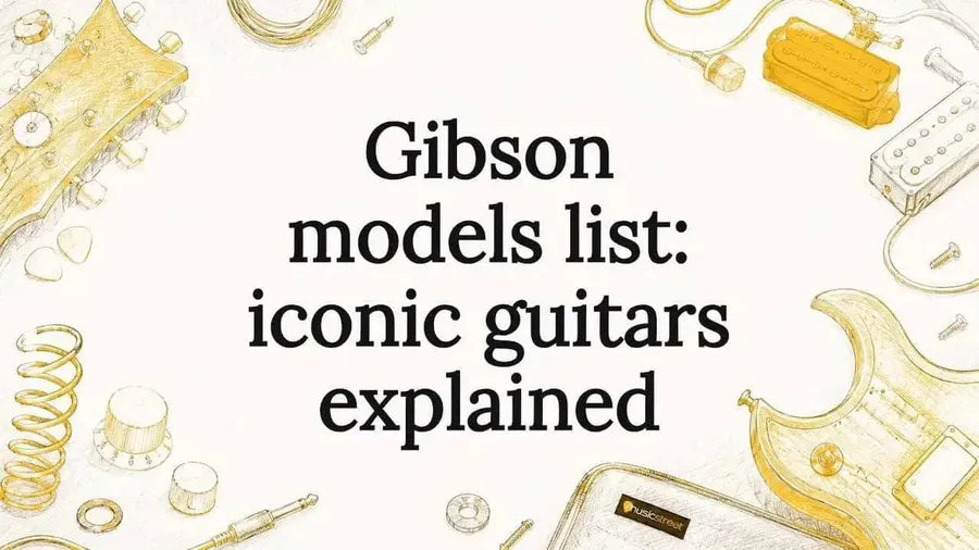 Decorative Gibson guitar illustration framing title