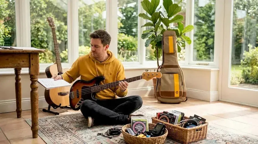 Man comparing acoustic electric and electric bass at home