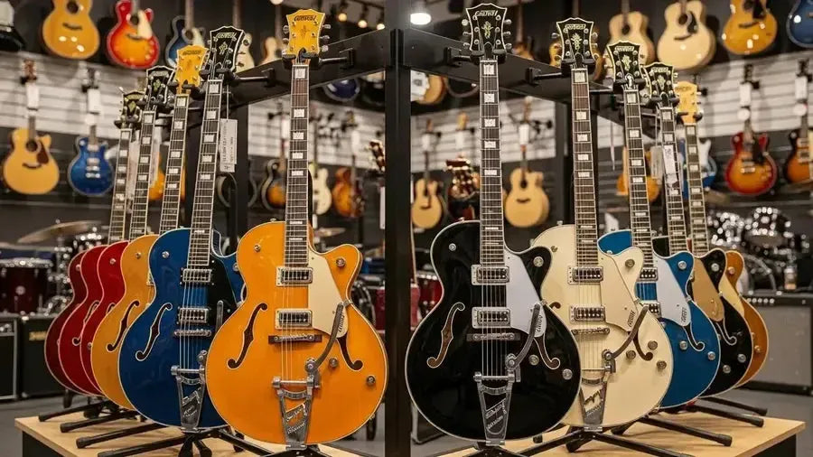 A selection of Gretsch guitars displayed in a music store, showcasing their unique designs and craftsmanship.