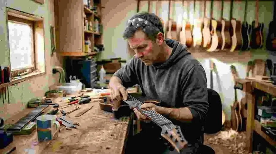 Luthier inspecting multiscale guitar on workbench