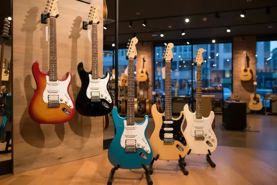 Six electric guitars displayed in a music store, featuring various colours and styles.