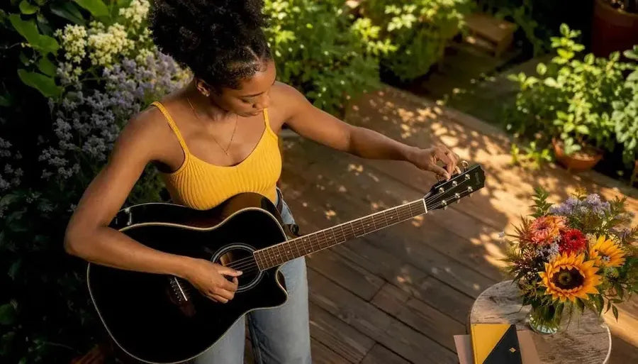 Musician tuning acoustic guitar in home studio