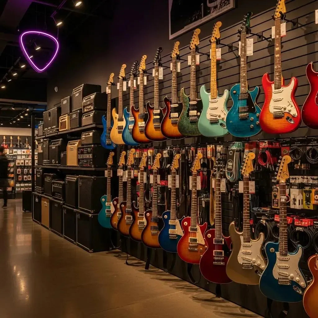 Variety of electric guitars in a music store showcasing different styles and colors