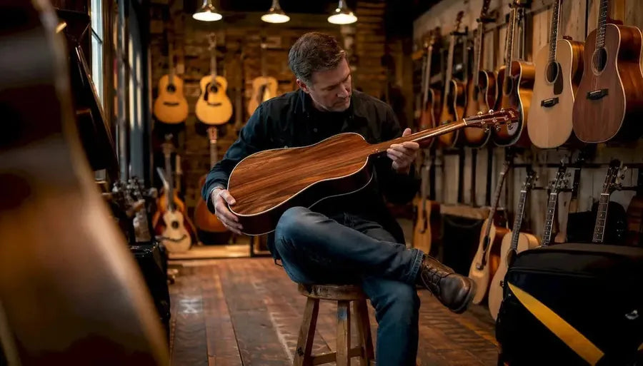 Buyer inspecting Maton guitar in UK music store