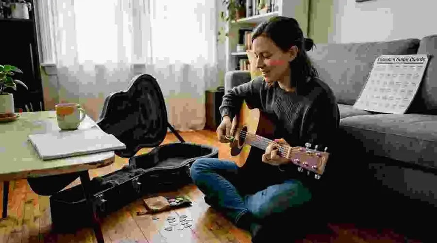 Guitarist practicing with various plectrums