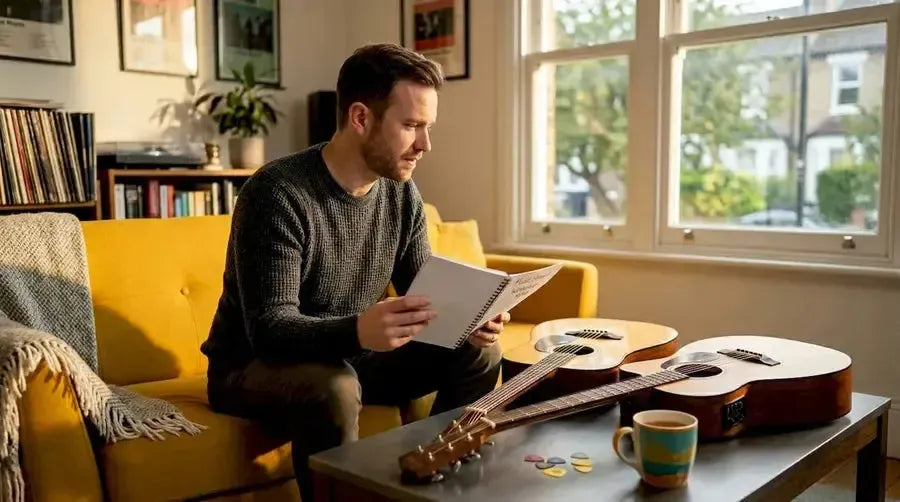 Man comparing acoustic and acoustic-electric guitar