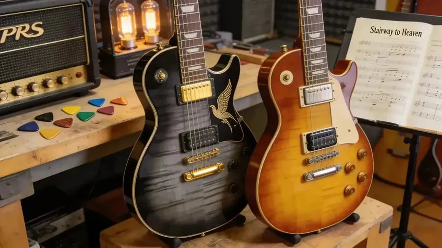 PRS Custom 24 and Gibson Les Paul electric guitars showcasing craftsmanship in a music studio