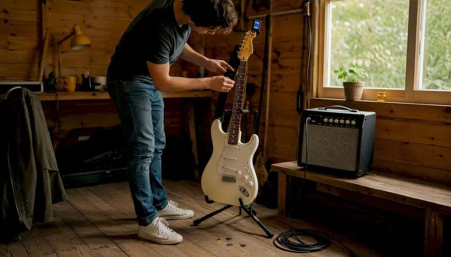 Beginner electric guitar setup with amp and accessories