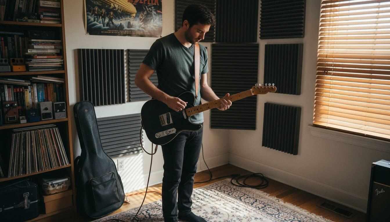 Guitarist adjusting strap in home studio