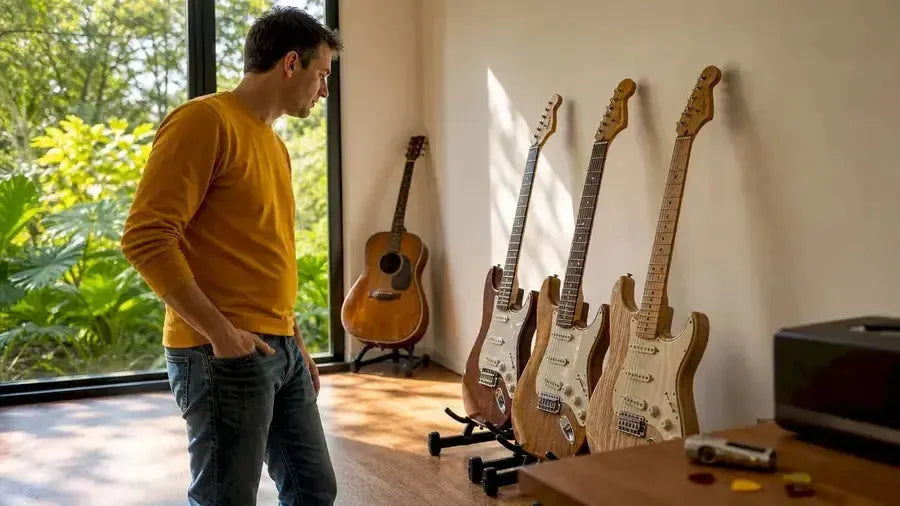 Guitar player examining electric guitars with different woods