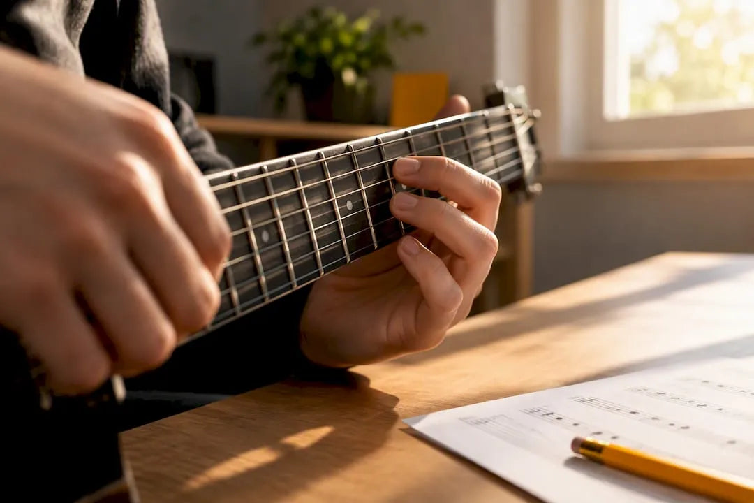 Beginner practising guitar tablature on fretboard