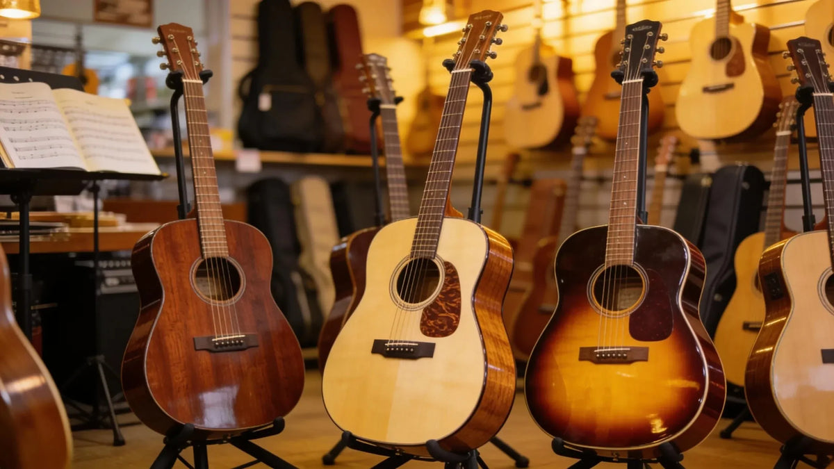 A diverse selection of acoustic guitars displayed in a music shop, emphasizing various shapes and finishes