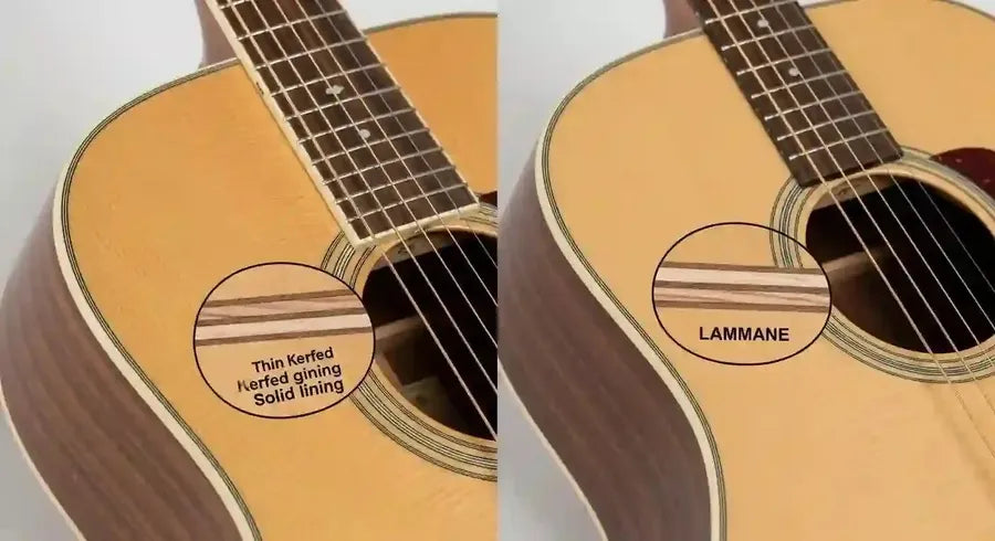 Side-by-side of solid-top and laminate acoustic guitars showing construction differences