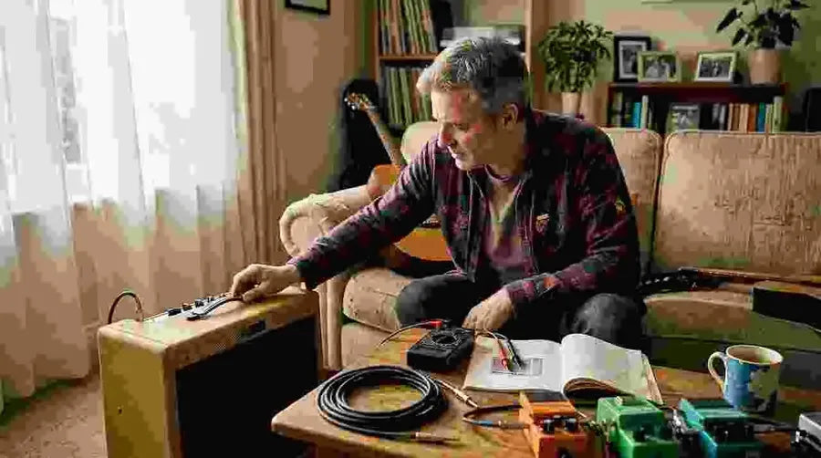 Guitarist checking amp connections at home