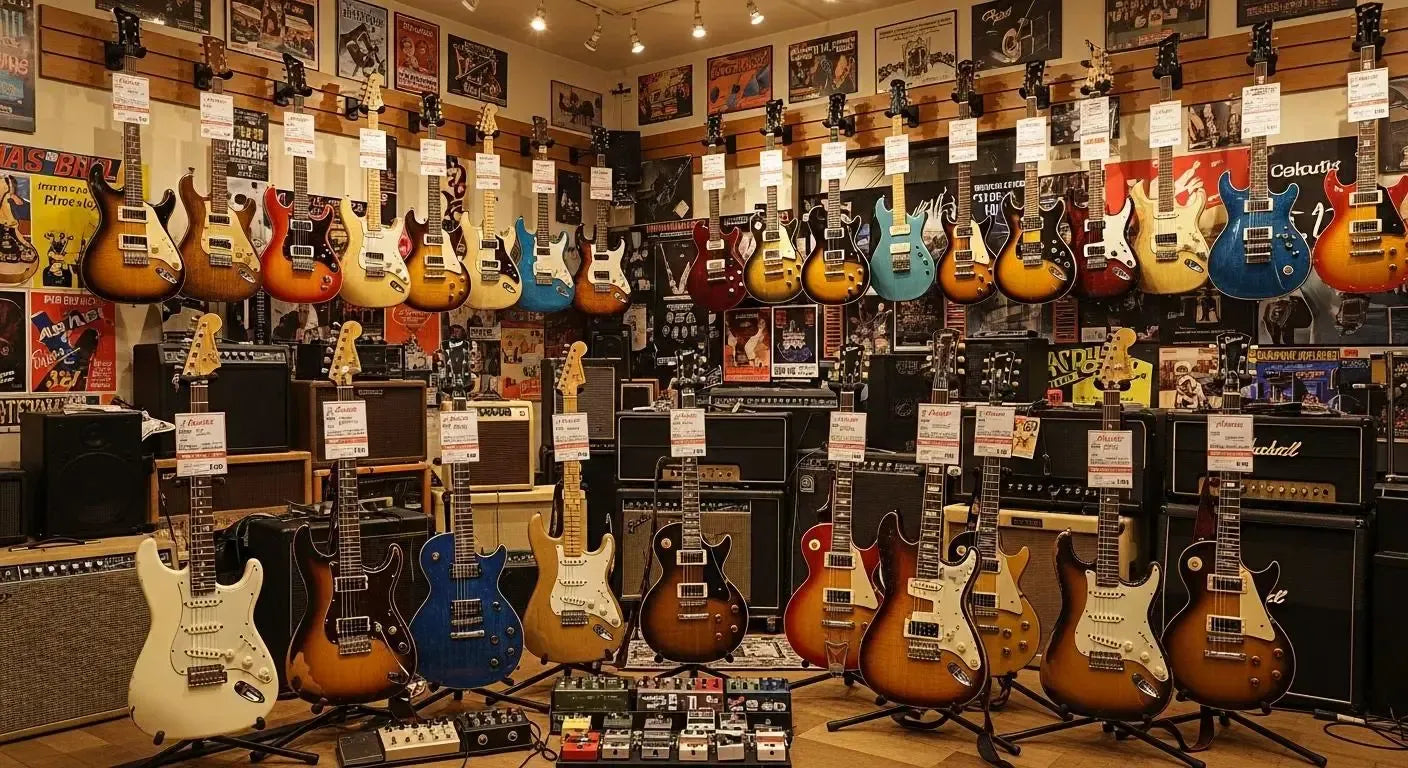 Diverse selection of used electric guitars in a music shop, showcasing various brands and styles