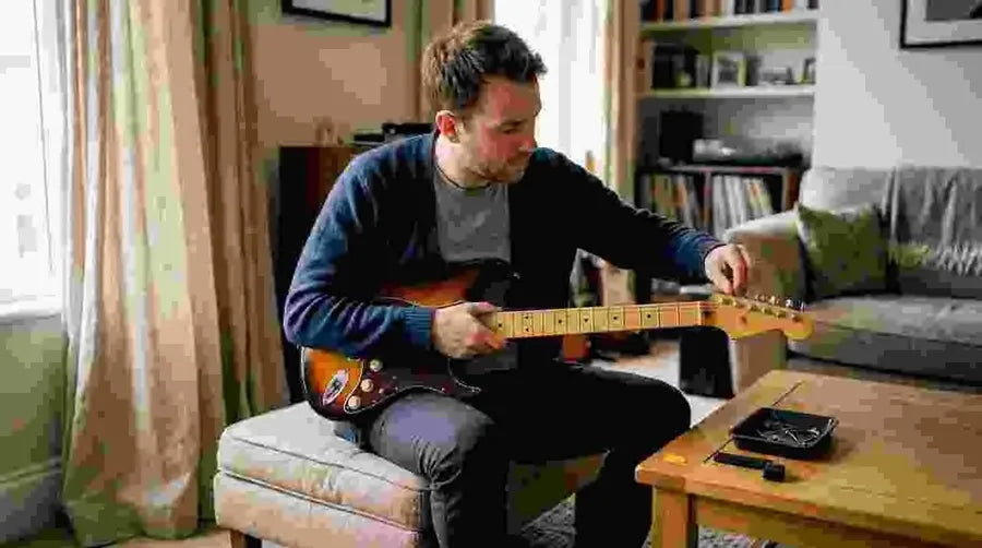 Guitarist adjusting locking tuners on headstock