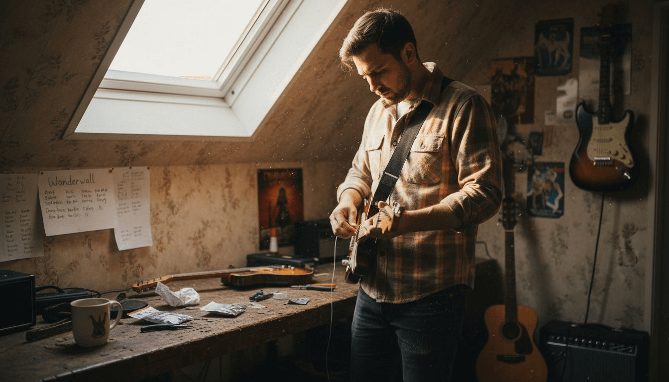 Guitarist restringing electric guitar in attic studio