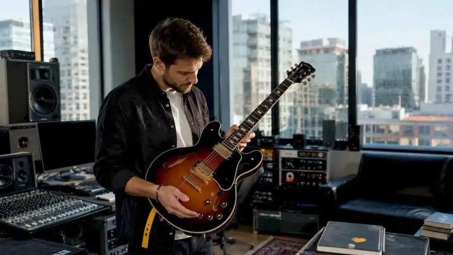 Musician inspecting semi-hollow guitar in studio