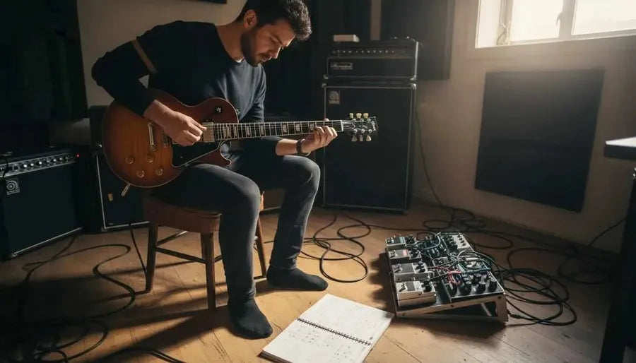 Guitarist tuning electric guitar with humbucker pickups