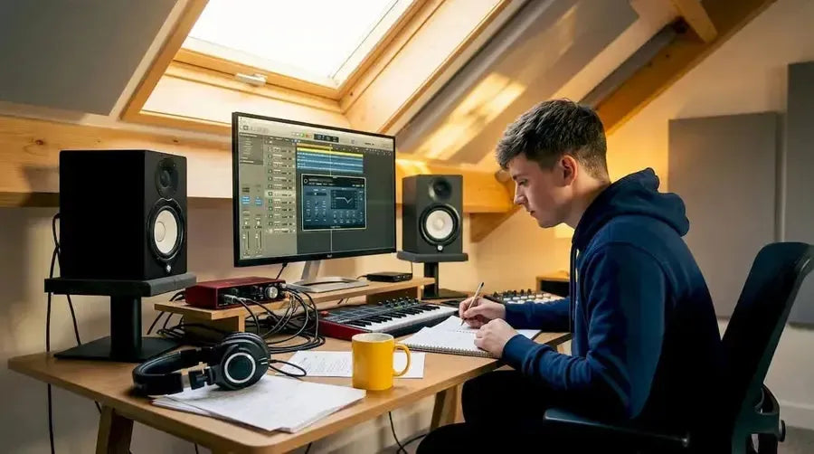 Musician planning home studio at desk