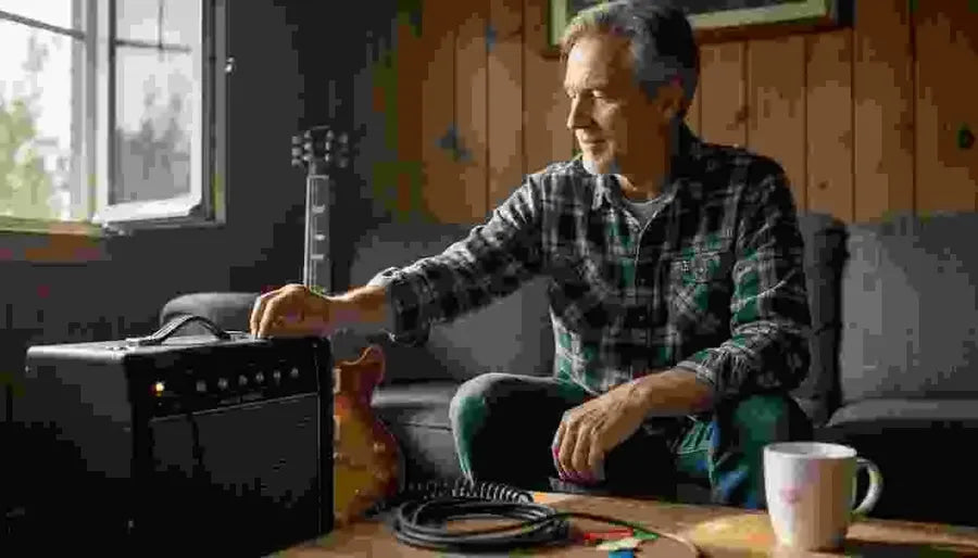 Guitarist adjusting master volume knob at home