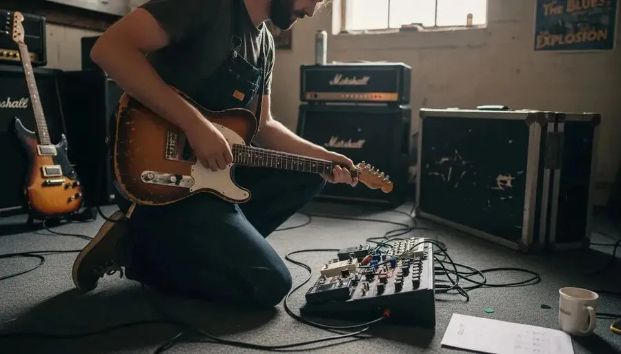 Guitarist adjusting multi effects pedal in studio