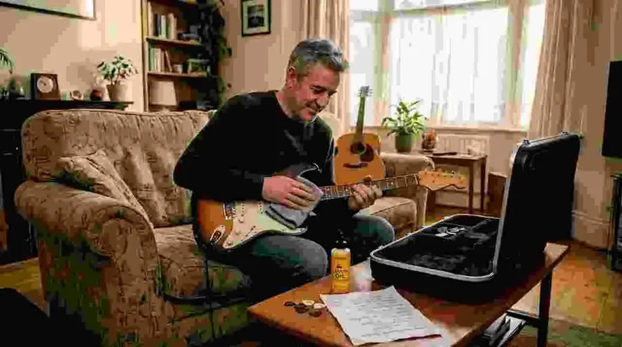 Guitarist cleaning fretboard at home