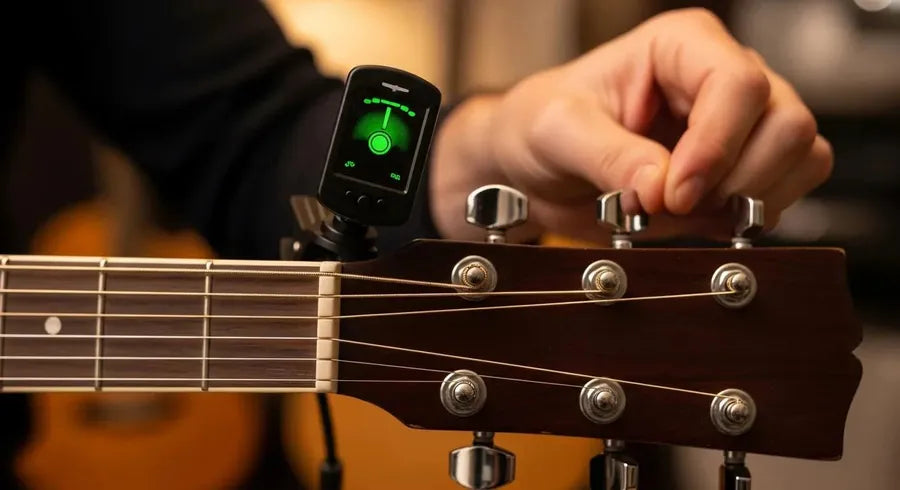 Close-up of a clip-on guitar tuner on an acoustic guitar headstock with a musician tuning the strings