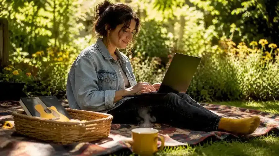 Woman browsing guitar websites at home