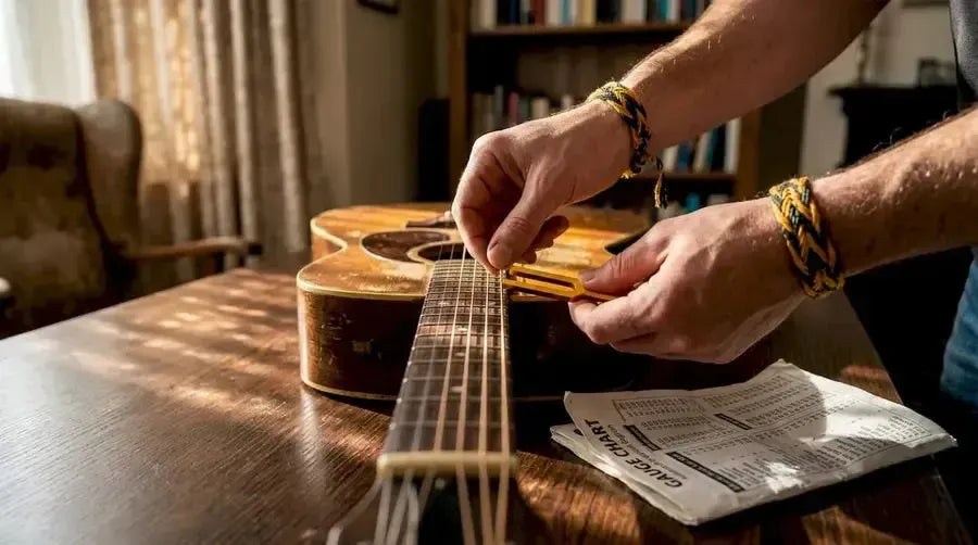 Hands examining acoustic guitar strings and size chart