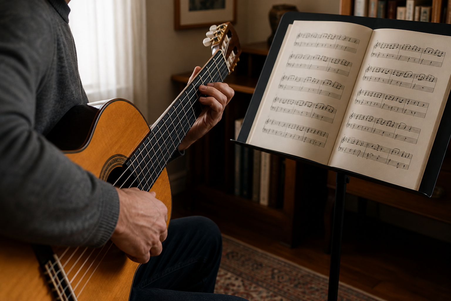 Hands playing guitar while reading sheet music