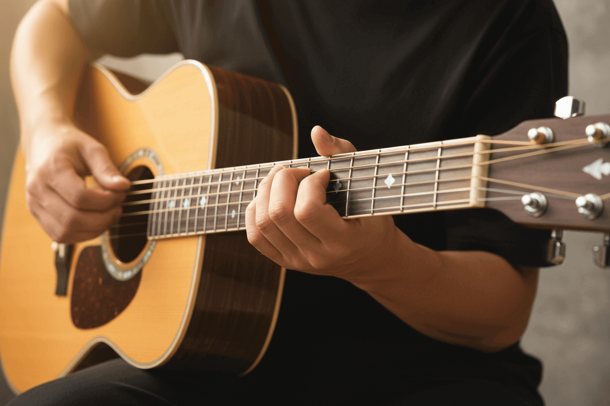 A close-up of a person playing guitar, exemplifying Guitar Lessons for Beginners.