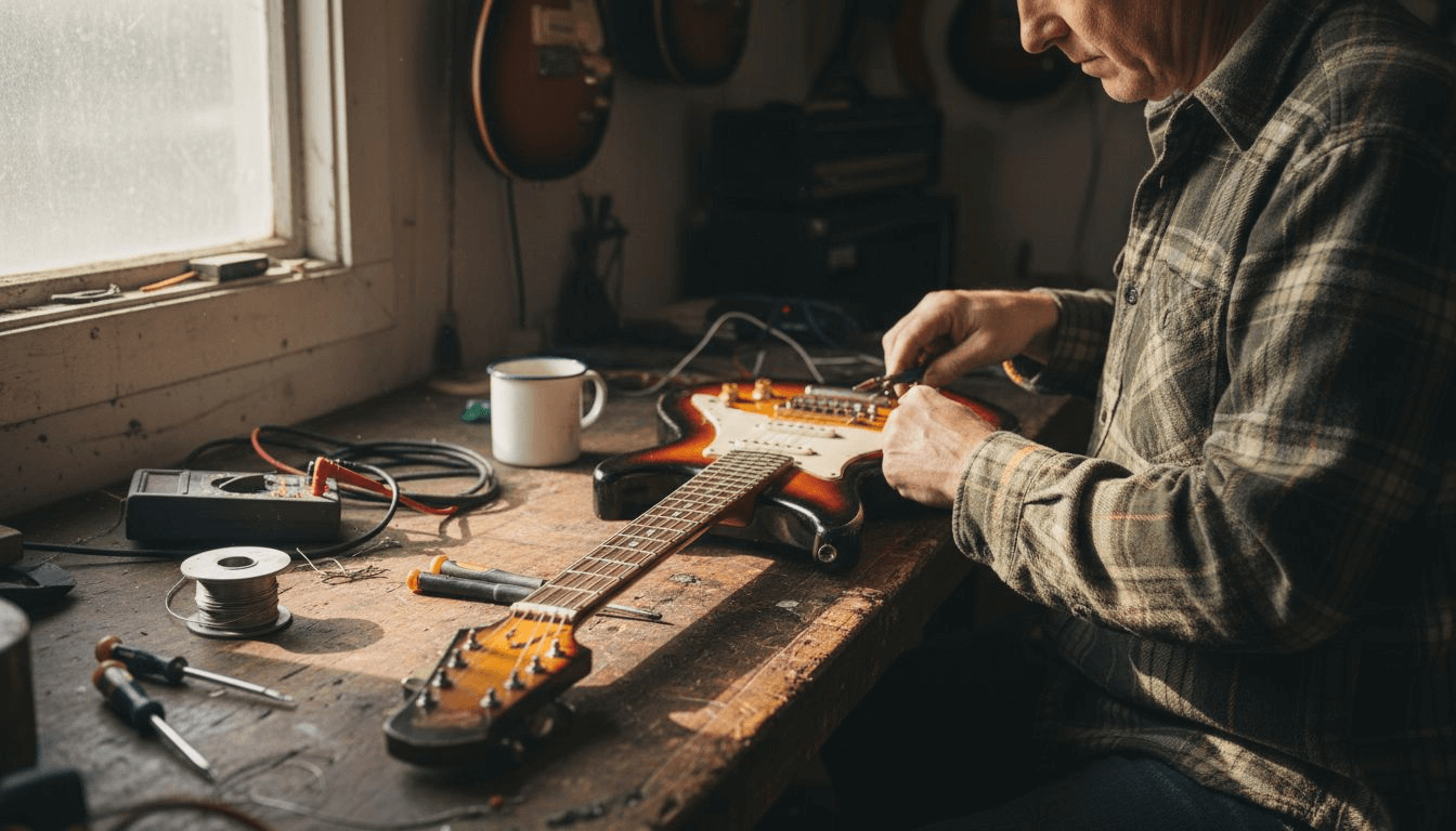 Guitar technician adjusting output jack on workbench