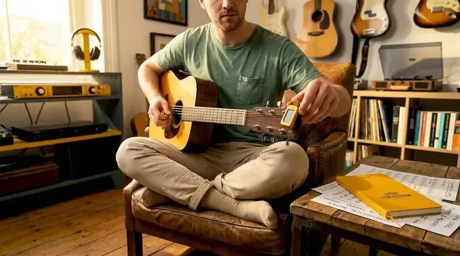 Guitarist tuning with clip-on tuner at home