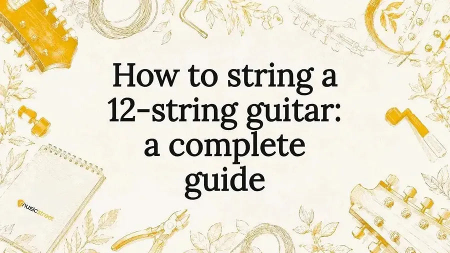 Decorative title card with guitar stringing illustrations